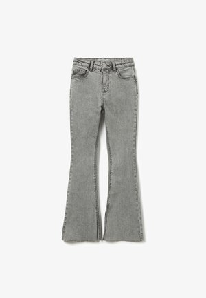 Grijze flair jeans van denim, met een hoge taille, voorzakken en een onafgewerkte zoom met een lichte rafeling aan de uiteinden.