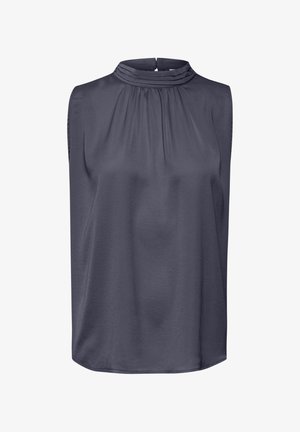 Top senza maniche con collo alto in tessuto grigio scuro. Presenta una texture morbida, un collo arricciato e una leggera lucentezza. Dettaglio di chiusura sul retro.