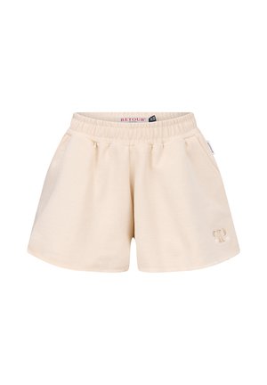 Beige Shorts mit elastischem Bund, Seitentaschen und einem kleinen gestickten Logo am linken Bein, entworfen für die Freizeitkleidung.