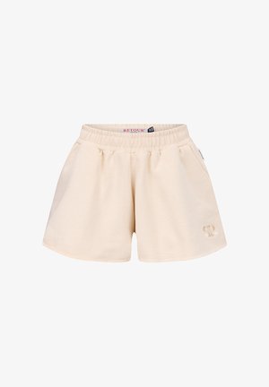 Beżowe szorty z elastycznym pasem, bocznymi kieszeniami i małym haftowanym logo na lewej nodze, zaprojektowane do noszenia na co dzień.