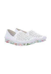 Witte instapschoenen met een geperforeerde bovenkant, met een bloemenpatroon op de zool. Het design omvat een gestikte rand en een gevoerde binnenkant.