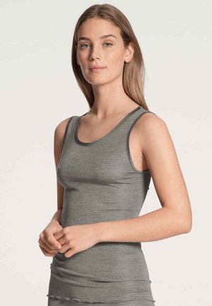 Gray sleeveless tank top made of soft, lightweight material, featuring a round neckline and contrasting trim. Smooth texture and fitted design.
