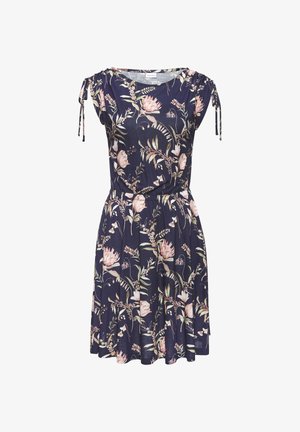 Robe florale marine à manches courtes, ornée de motifs de fleurs roses et vertes, avec des bretelles ajustables et une taille froncée pour une silhouette ajustée.