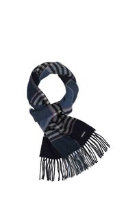 Uldscarf med et ternet mønster i marineblå, grå og lyserød. Frynser i enderne, blød tekstur, og et lille mærket metalmærke på den ene side.