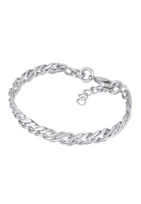 Bracelet en chaîne argentée avec des maillons torsadés, un fermoir mousqueton et une chaîne ajustable avec un petit détail d'accent pour le réglage de la taille.