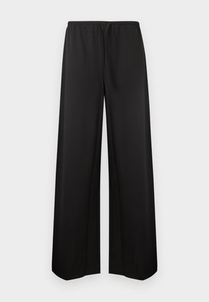 Pantalon noir à jambes larges avec taille élastique et cordon de serrage, en tissu lisse, présenté à plat sur un fond blanc.