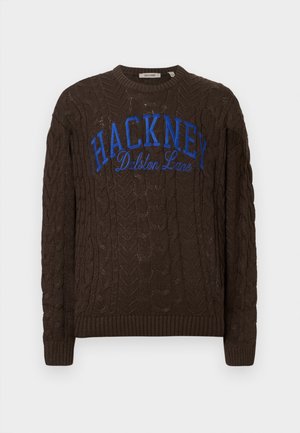 Brązowy sweter z dzianiny w warkocz z okrągłym dekoltem, z niebieską grafiką "HACKNEY" i tekstem "Dalston Lane" z przodu. Ściągacze przy mankietach i u dołu.