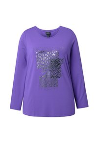 Fialová košile s dlouhými rukávy s kovovými zvířecími potisky a nápisem "MODERN VIEW" na přední straně, kulatý výstřih.