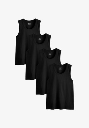 Cztery czarne bawełniane topy na ramiączkach, ułożone jedna na drugiej, z okrągłym dekoltem i bez rękawów, o gładkiej fakturze i jednolitym kroju.
