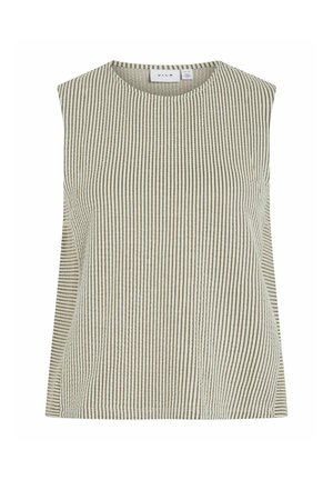 Haut sans manches beige à rayures verticales blanches avec encolure ronde et étiquette de la marque VILA à l'intérieur du col.