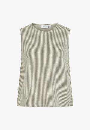 Haut sans manches beige à rayures verticales blanches avec encolure ronde et étiquette de la marque VILA à l'intérieur du col.