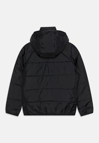 Black puffer jacket with a hood, made from smooth synthetic material. Features quilted padding and elastic cuffs. Simple, streamlined design.