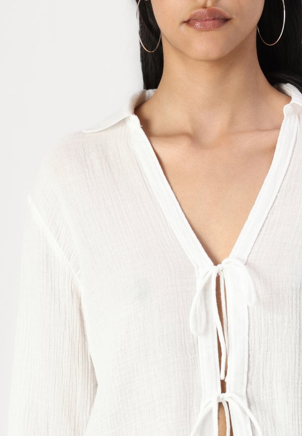Long-Sleeve Oversized Tie-Front Gauzy Shirt - Blouse2