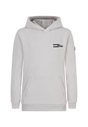 Un sweat à capuche gris clair en tissu doux, avec une poche avant, des poignets côtelés et un petit détail graphique sur la poitrine.