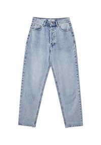 Jeans de tiro alto azul claro en denim de algodón desgastado, con un diseño clásico de cinco bolsillos y cremallera con cierre de botón.