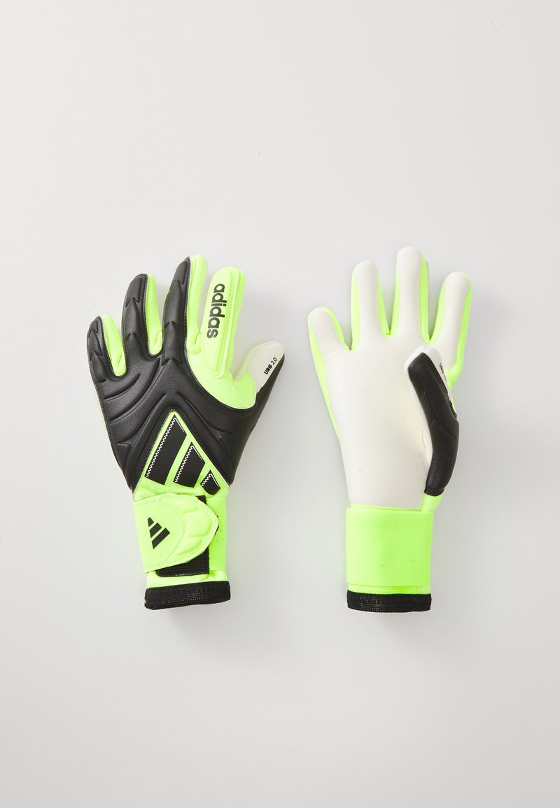 Black and fluorescent green goalkeeper gloves with textured grip, padded black palm, and secure wrist straps. Features Adidas branding.