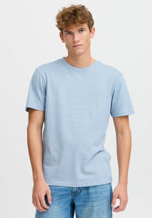 Light blue, short-sleeve T-shirt with a round neck, featuring a subtle stripe pattern and a casual fit. Soft fabric, relaxed design.