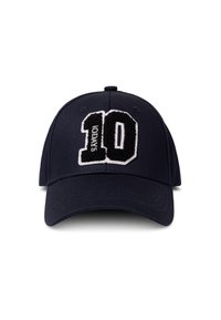 Marineblauwe baseballpet met geborduurd wit nummer 10, met een gestructureerde zwarte omlijsting en de tekst "10 DAGEN" eronder in het wit.