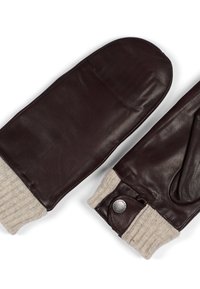 Ruske nahkakäsineet, joissa on ribboitunut beige neulekanta. Huomionarvoisia yksityiskohtia ovat ympyrän muotoinen metallikoriste yhdessä kantajassa. Sileä tekstuuri.