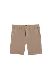 Beige shorts van lichtgewicht stof, met een elastische tailleband en knoopsluiting, voorzakken en een rechte pasvorm.