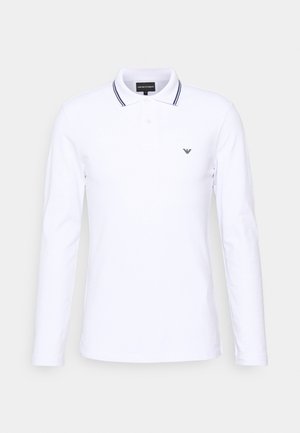 White long-sleeve polo shirt in cotton with a three-button placket, featuring navy and gray striped accents on the collar and a small logo.