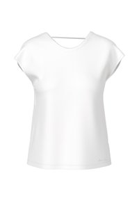 White short-sleeve top made of smooth fabric. Features a wide neckline and slightly loose fit, with a clean, seamless design.