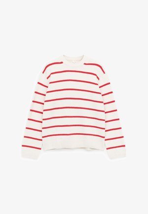 Weißer Pullover mit roten horizontalen Streifen, ausgestattet mit einem runden Ausschnitt sowie gerippten Bündchen an Ärmeln und Saum. Weiche Textur, lässiges Design.