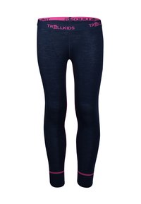 Navy leggings with a pink "TROLLKIDS" waistband, smooth texture, and fitted design. Accented with a pink band at the ankle.