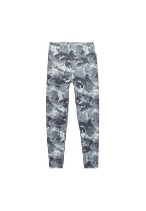 Szare i czarne legginsy sportowe z abstrakcyjnym wzorem, z wysokim stanem, nogawki na całej długości oraz szerokim pasem.