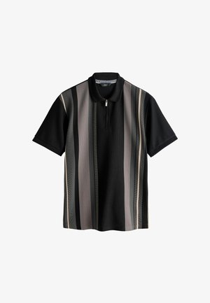 Black polo shirt with vertical stripes in grey, cream, and dark grey. Features a zip collar and textured fabric. Short sleeves.