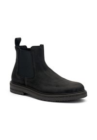 Stivaletti neri alla caviglia in suede, con pannelli elastici laterali, punta rotonda, tab di trazione e suola texturizzata per una buona aderenza. Design semplice e funzionale.