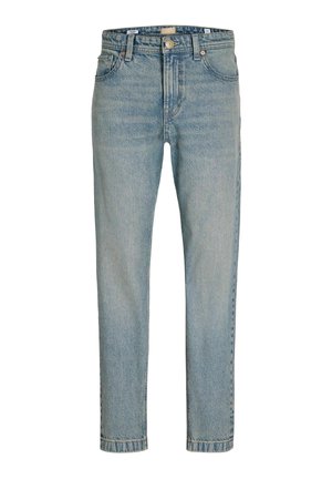 Jean en denim bleu clair avec une coupe droite, cinq poches, fermeture par bouton et passants pour ceinture, présenté sur fond blanc.