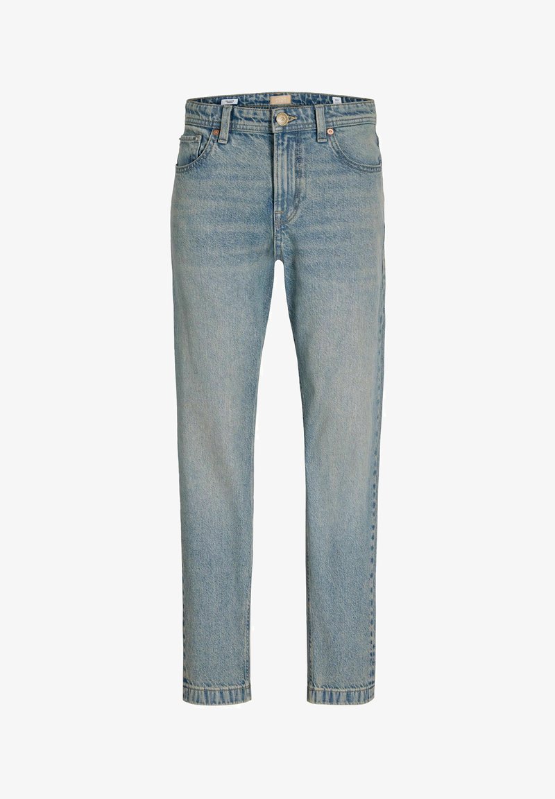 Jean en denim bleu clair avec une coupe droite, cinq poches, fermeture par bouton et passants pour ceinture, présenté sur fond blanc.