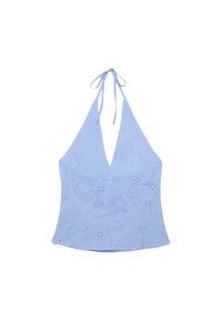 Crop top bleu clair à col licou avec broderie florale et fermeture à nouer à l'arrière du cou, sans manches et cintré à la taille.