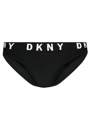 Juodos medvilninės kelnaitės su plačiu juosmeniu, ant kurio kartojasi balti "DKNY" logotipai. Sklandžios tekstūros ir klasikinio šortukų dizaino.