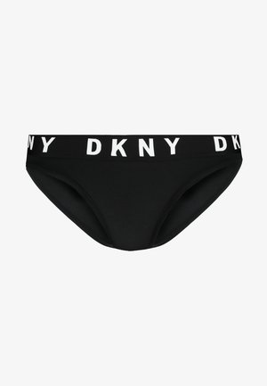 Schwarze Baumwollunterwäsche mit einem breiten Bund, der das wiederholte weiße "DKNY"-Logo trägt. Glatte Textur und klassisches Briefdesign.