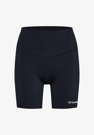 Svarta träningsshorts i elastiskt tyg, med hög midja, mjuk yta och en liten vit logga på nedre högra sidan.