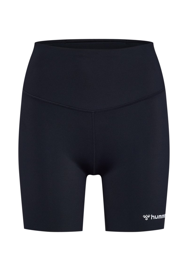 Czarne sportowe szorty wykonane z elastycznego materiału, z wysokim stanem, gładką fakturą oraz małym białym logo na dolnej prawej stronie.