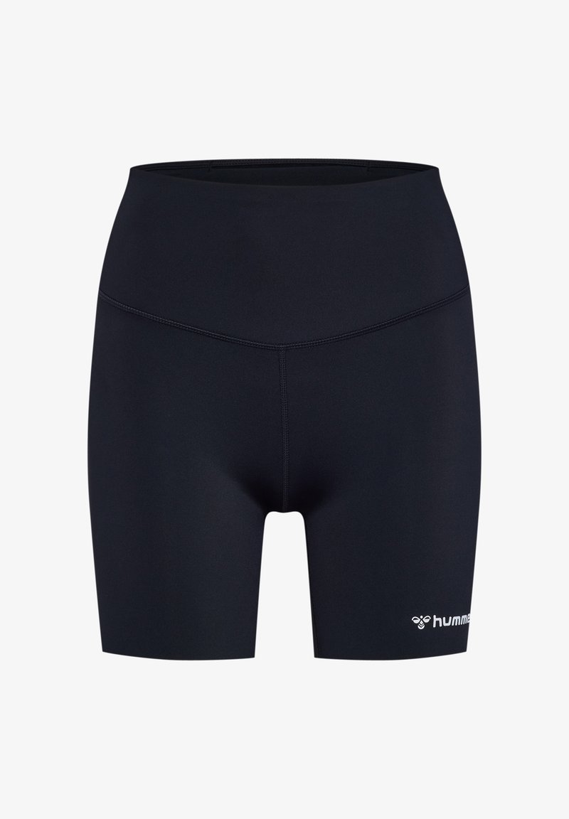 Czarne sportowe szorty wykonane z elastycznego materiału, z wysokim stanem, gładką fakturą oraz małym białym logo na dolnej prawej stronie.