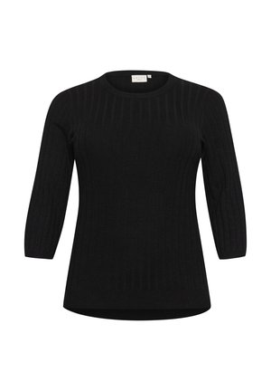 Maglione a coste nere con scollatura rotonda e maniche a tre quarti. Presenta una vestibilità rilassata e una sottile texture in tutto il capo.