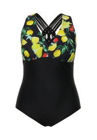 Zwarte badpak met een bloemenontwerp, met gele citroenen en rode accenten, gekruiste banden en een gestructureerde knoopdetail aan de voorkant.