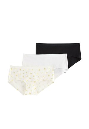 Three pairs of women's hipster briefs in black, white, and a white floral pattern with yellow accents. Made of soft, stretchable fabric.