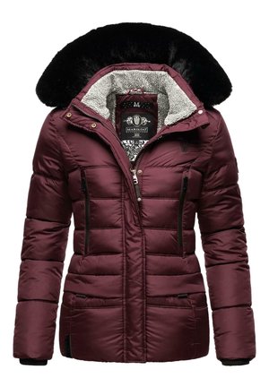 Giacca invernale imbottita da donna bordeaux con colletto in ecopelliccia nero, cerniera frontale, due tasche con zip sul petto e cappuccio foderato in pile.