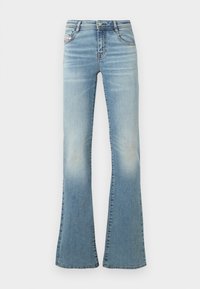 Flared blue denim jeans with a faded wash, featuring a button and zipper closure, five-pocket design, and stitched detailing on seams.