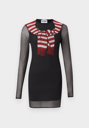 Sort langærmet kjole med transparente ærmer og et trykt rødt og hvidt stribet tørklæde-design omkring halsudskæringen, mærket Moschino Jeans.