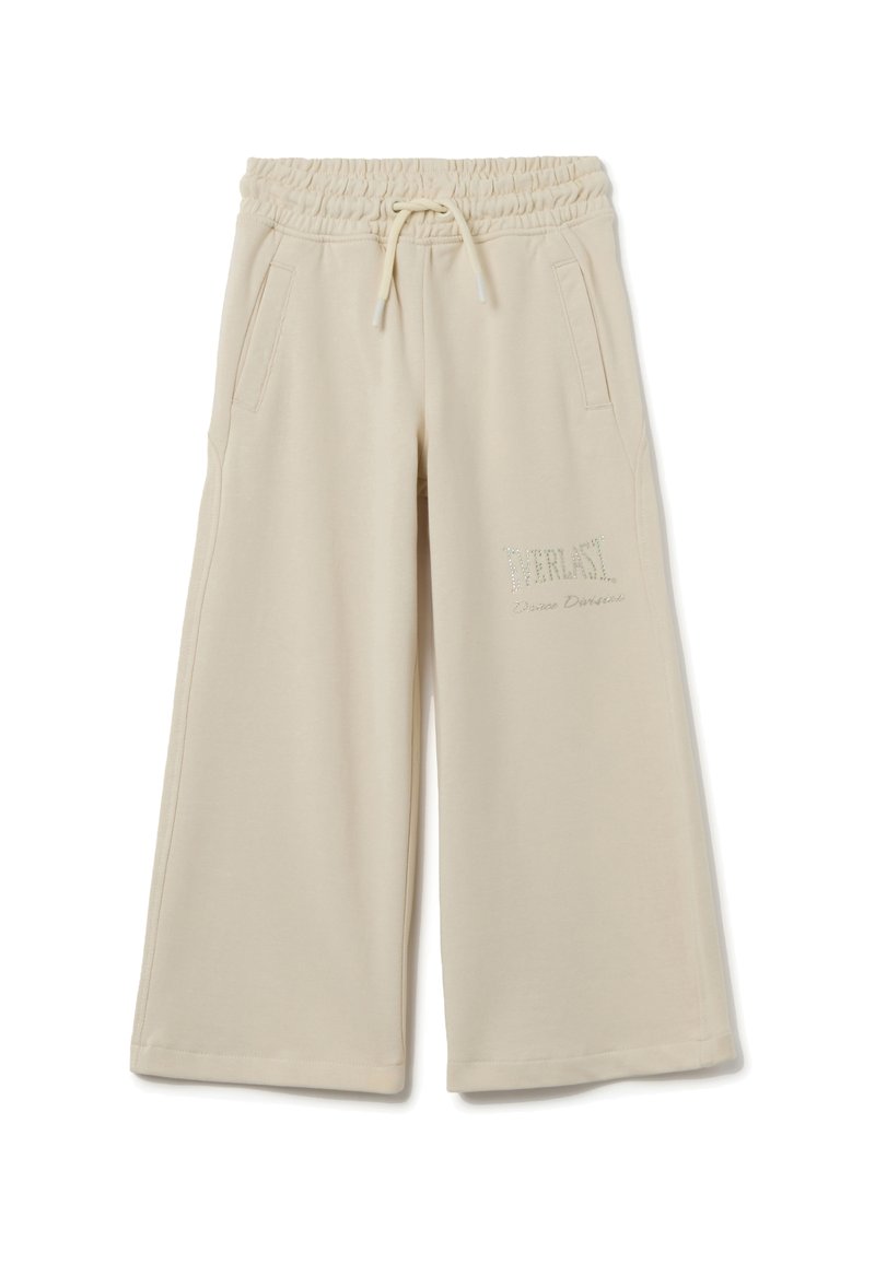 Beige weite Sweatpants mit elastischem Bund, Kordelzug, Seitentaschen und einem Strasslogo "Everlast Dance Division" auf dem rechten Oberschenkel.