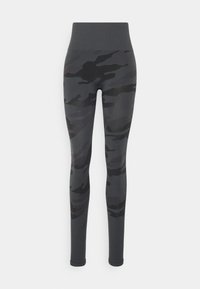Leggings mimetici neri e grigi con una vita alta. Realizzati in tessuto elastico, presentano una texture liscia e un design aderente.