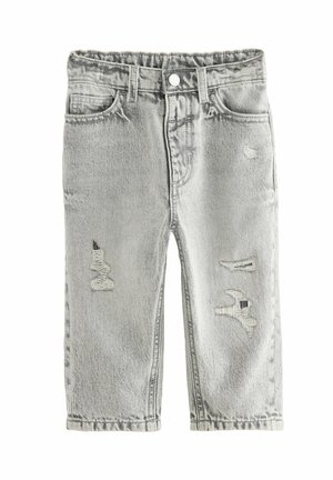 Pantaloni shorts in denim grigio con dettagli distrutti, caratterizzati da una vestibilità rilassata, passanti per cintura e un design a cinque tasche. Nessuna fodera o hardware visibile.