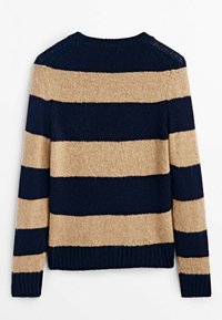 Gestreepte trui in marineblauw en beige, met een ronde hals, ribbelrand en zachte, gestructureerde breiwerkstof met open brei-details op de schouders.