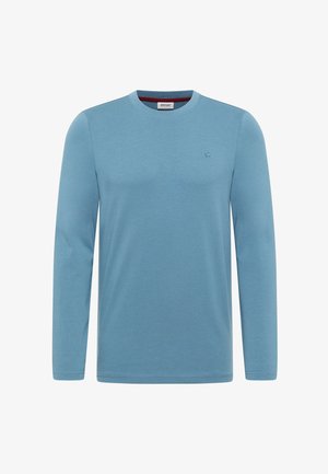 Light blue long-sleeve shirt with a ribbed texture, round neckline, and a small logo on the chest. Made from soft, breathable fabric.